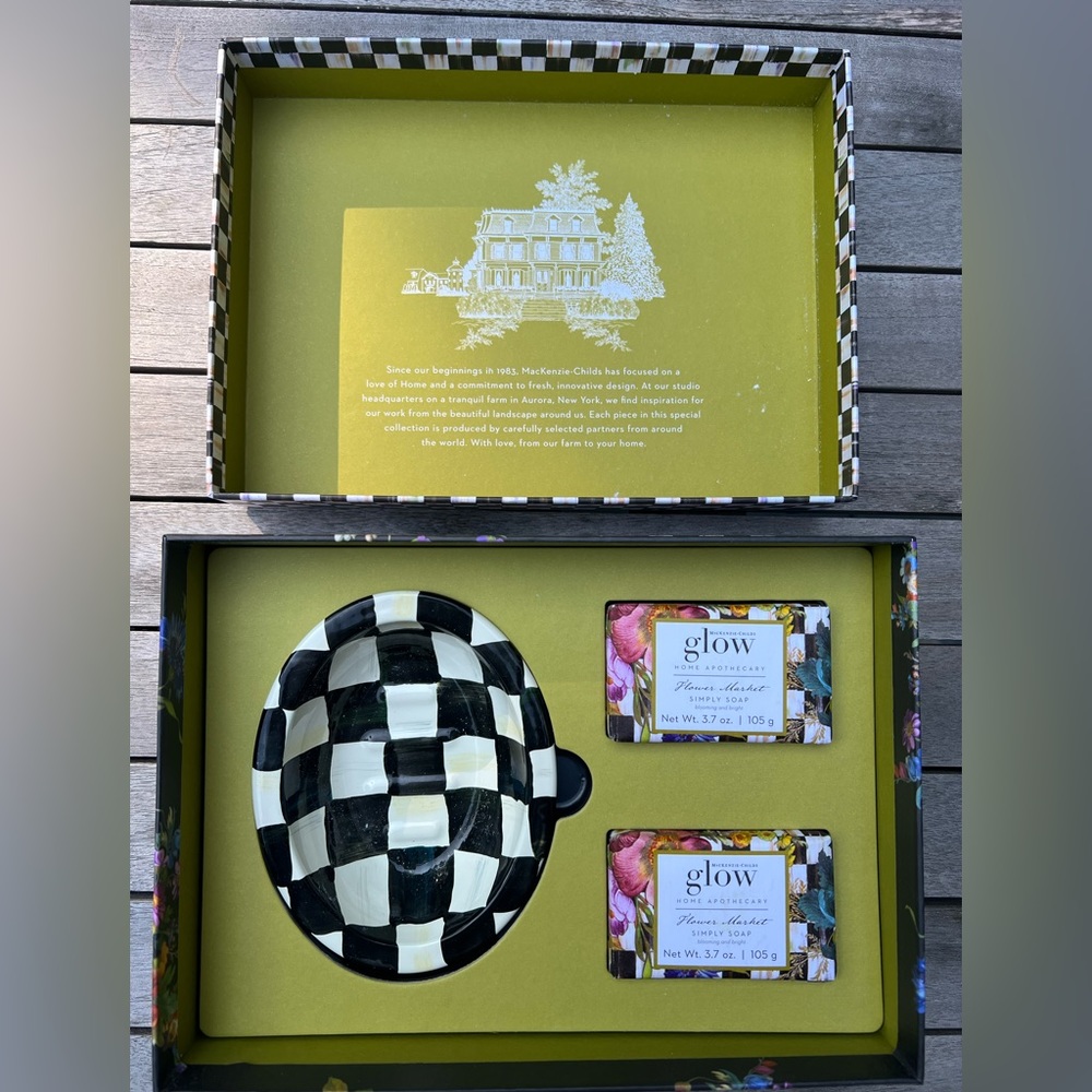 Brand New Mackenzie Childs glow guest soaps & caddy set. Great housewarming gift